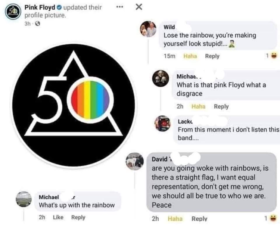 Hilmarsdottir70's tweet photo. Thanks Gender Ideologues!🖕
We've now reached the point of no return for a backlash none of us wanted.
When iconic bands such as @pinkfloyd start getting harassed for this, it's time to rethink your marketing strategy.
#StopAppropriating https://t.co/sQNVSKjLR5