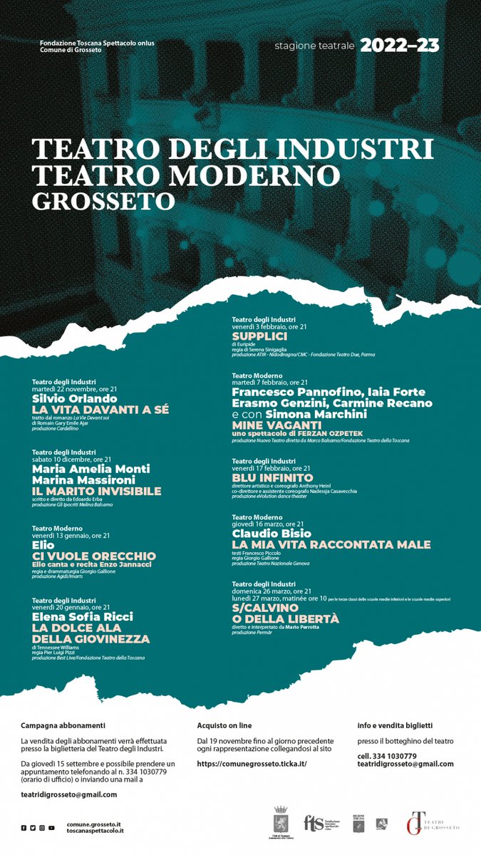 softwareTicka's tweet image. La stagione teatrale di Grosseto è un successo e per il 2023 nuovi appuntamenti, fino a fine marzo, con repliche aggiuntive per soddisfare le tante richieste ricevute.
Acquisto su comunegrosseto.ticka.it

#ticka #Biglietteria in loco e vendita online
 new.comune.grosseto.it/web/comunicati…