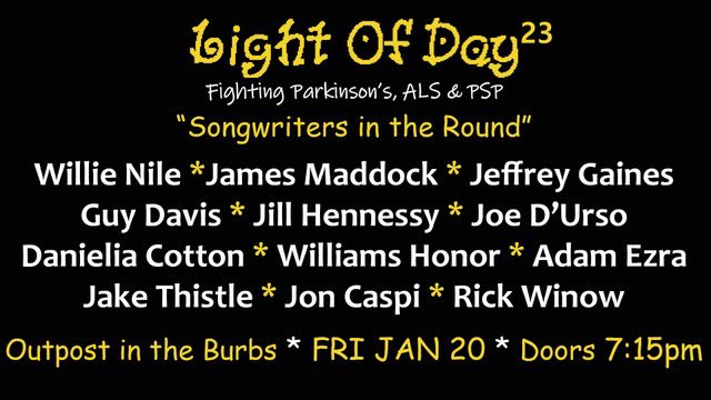TONIGHT! <a href="/lod_foundation/">Light of Day</a> WinterFest #SongwritersintheRound with <a href="/willienile/">willie nile</a> <a href="/jamesmaddock/">james maddock</a> <a href="/JillHennessy/">Jill Hennessy</a> <a href="/jeffreygmusic/">Jeffrey Gaines</a> <a href="/DanieliaCotton/">Danielia Cotton</a> #GuyDavis <a href="/WilliamsHonorX/">Williams Honor</a> + more! Show at 8/Doors 7:15 outpost.ticketleap.com