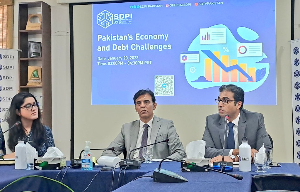 SDPIPakistan's tweet photo. The 🌎 is affected by triple-Crisis (covid, conflict, #climatechange).🇵🇰 is affected by 4th C, complacency. 
It is in a vicious cycle where political instability is increasing economic instability. Dr. @Abidsuleri speaking during seminar live https://t.co/Ah4norDFpw #PakEconomy https://t.co/Ihk3HsLcU2