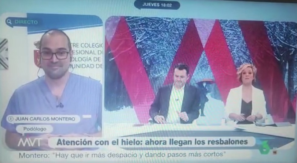 Copomadrid's tweet photo. Gracias @MVTARDE @laSextaTV por invitarnos a participar ayer en directo con @_InakiLopez_  y @cristina_pardo para hablar sobre hábitos que debemos tener en cuenta con el frío y la nieve que garanticen una buena salud a nuestros 👣 y eviten lesiones #Podología #TusPiesImportan https://t.co/InNY0cNlIe