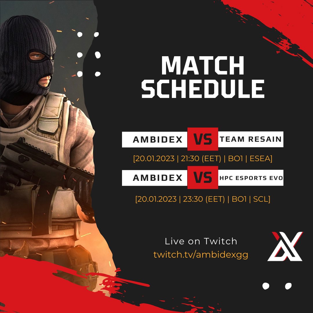 AmbideXgg's tweet photo. 🏆 Tonight we are playing two new games for #ESEA and #SCL! Live on our Twitch channel.
🏆 Тази вечер излизаме в два нови мача от #ESEA и #SCL! На живо в нашия Twitch канал.
🆚 | #TEAMRESAIN
⏰ | 21:30 (EET)
🆚 | #HPCESPORTSEVO
⏰ | 23:30 (EET)
🖥 | https://t.co/ydGaiO8j2v https://t.co/Jeh0GSz3Wp