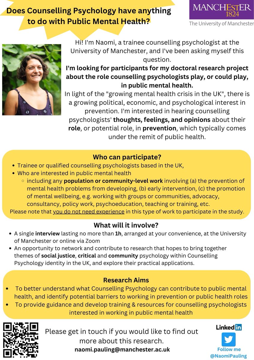 I am still recruiting participants for my research project on public mental health & prevention. Calling any qualified or trainee counselling psychologists!
Please retweet and share widely 🙏
@UoMCounsPsych #counsellingpsychology #psychologyresearch #communitypsychology