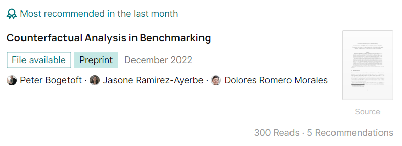 jasoneramirez's tweet photo. Very happy to see that our paper "Counterfactual Analysis in Benchmarking" reached 300 reads on @ResearchGate!

@PeterBogetoft @DoloresRomeroM #riseneeds @needs_project 

https://t.co/VfiAow3PKj https://t.co/Zb5nT5aePg