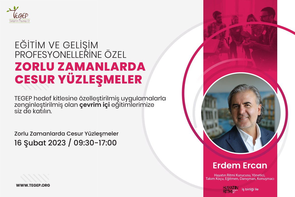 tegepdernek's tweet photo. TEGEP İş Birliği Eğitimleri Devam Ediyor! Eğitim ve Gelişim Profesyonellerine Özel ‘’Zorlu Zamanlarda Cesur Yüzleşmeler’’ Erdem Ercan ile 16 Şubat’ta sizlerle.bu çevrim içi eğitime katılmak ve eğitim detaylarını incelemek için: https://t.co/AJu4eFH4OY

#Tegep #TegepDernek https://t.co/fBA9DAeHxm