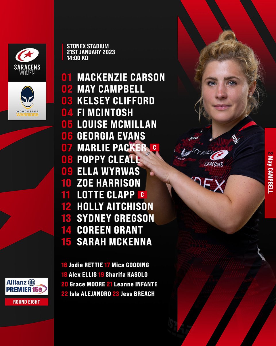 🚨𝗧𝗘𝗔𝗠'𝗦 𝗨𝗣💥 💯 appearances for @May_Campbell16 5️⃣0️⃣ appearances for @Kelsey_CLIFF0RD 🔙 @mack_carson11 back in the starting XV Full team news 👉 bit.ly/3XFVNTt #YourSaracens💫