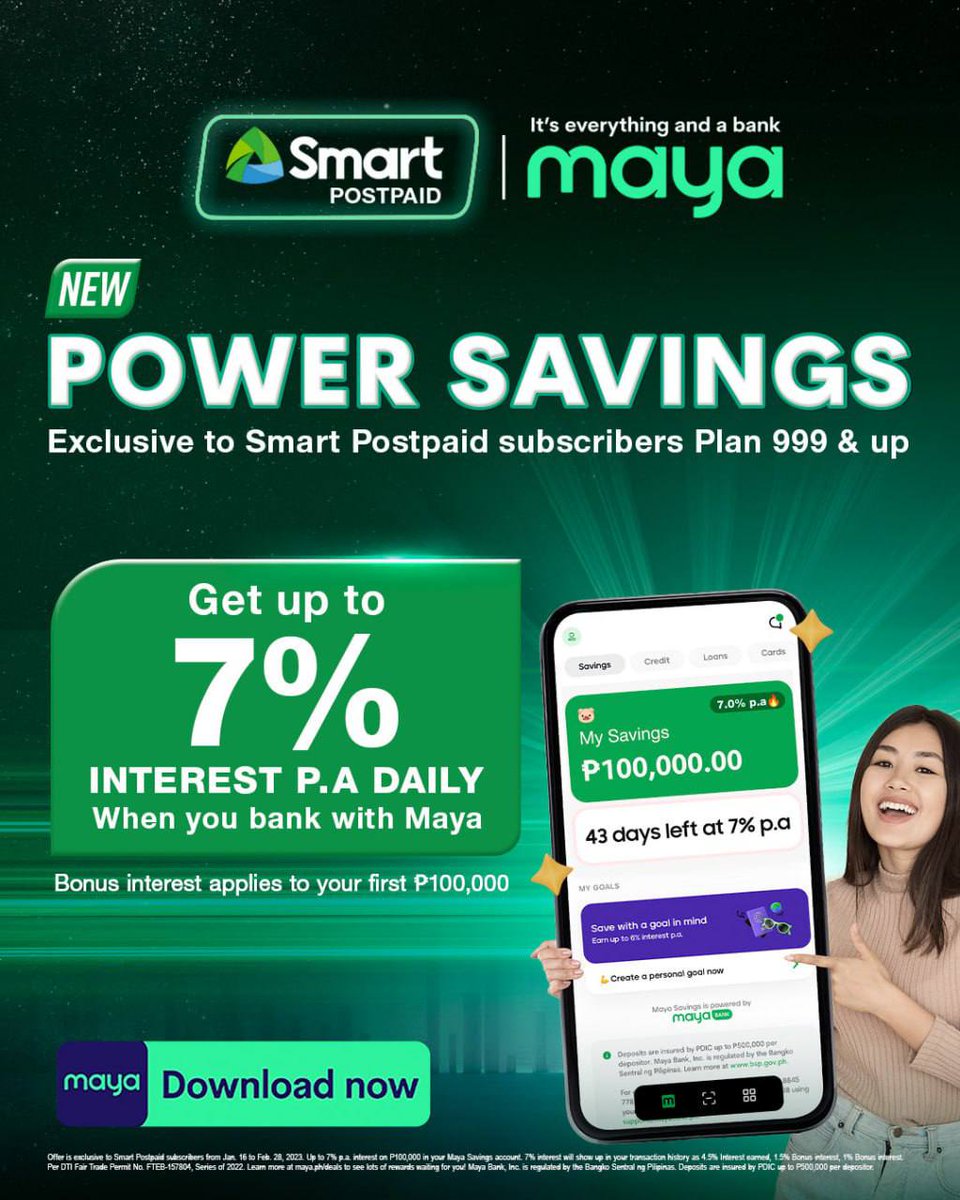 LiveSmart's tweet photo. Get boosted with up to 7% interest p.a. with Smart Postpaid and Maya's Power Savings, exclusive to Smart Postpaid subscribers with Plans 999 and up! 

Promo valid until Feb. 28. T&amp;Cs apply. 

Visit: https://t.co/JUmSqbYhOn. DTI#157804 https://t.co/FLcJvvk5z3