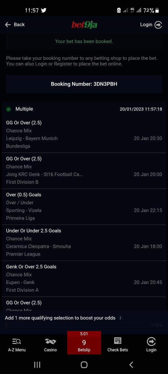 The_Ghosted's tweet photo. Today's bets on Bet9ja 

6 odds 🔥🔥
5 odds 🔥🔥
5 odds 🔥🔥
3 odds 🔥🔥

Bet Responsibly! 🔞👌🏽 https://t.co/eM45K9enHS