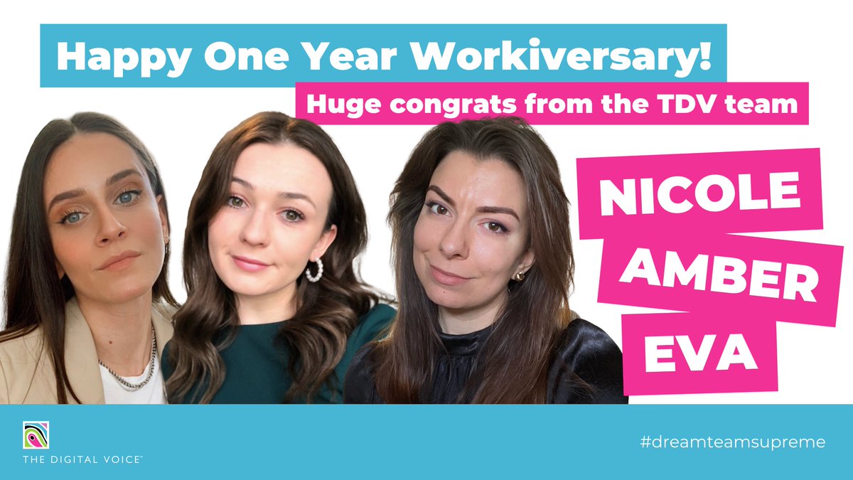 TheDigitalVoice's tweet photo. Today really is a FriYAY as we have THREE TDV anniversaries to celebrate! 

Congrats to Eva Lehavrova, Nicole Kotseva and Amber O'Neill for reaching their one year mark since joining The Digital Voice team.  

Here’s to many more years together! 🤗❤️ 
 #happyoneyear https://t.co/Rh4EekwV5C