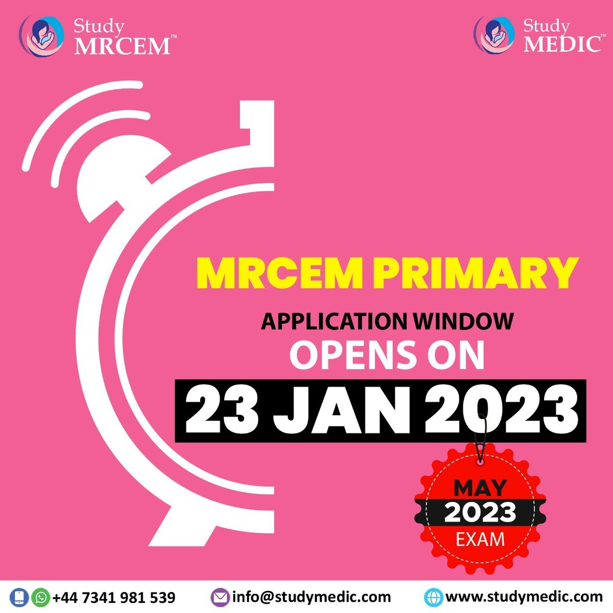 Study_MEDIC's tweet photo. Did You Notice this Date?
Dear MRCEM Primary candidates,
Take note of 23rd of Jan 2023 from which the application window opens for MRCEM Primary May 2023 Exam.
connect with us on WhatsApp
https://t.co/bz6b6RmG79
#StudyMEDIC
Team #StudyMRCEM
#MRCEM #MRCEMPrimary #MRCEMCourses https://t.co/xuHb1X4Lan