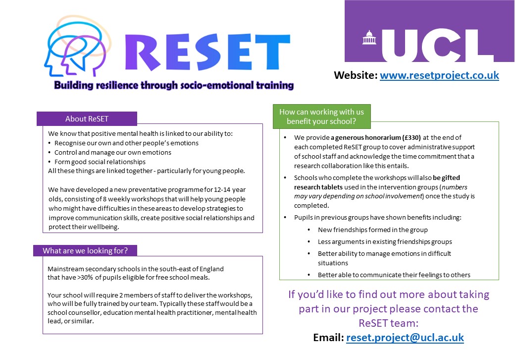 📢Calling all Mainstream Secondary schools in the south-east of England.. 
Do you want to be part of an exciting new project to help improve the wellbeing of young people? 
Join ReSET! 
Complete our expression of interest form to find out more.. ✏️bit.ly/3iSmAgw