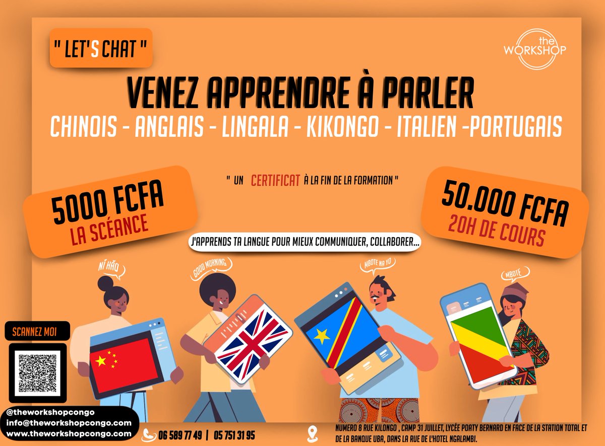 TheWorkshopCG's tweet photo. Afin de vous aider à franchir la barrière de la langue durant vos activités, échanges ou collaborations nous vous proposons des cours de langues
Inscrivez-vous grâce aux numéros ci-dessous ou sur nos réseaux #theworkshopcongo #incubateur #formation #learninglanguages #pointenoire https://t.co/0sqjfwaCZM