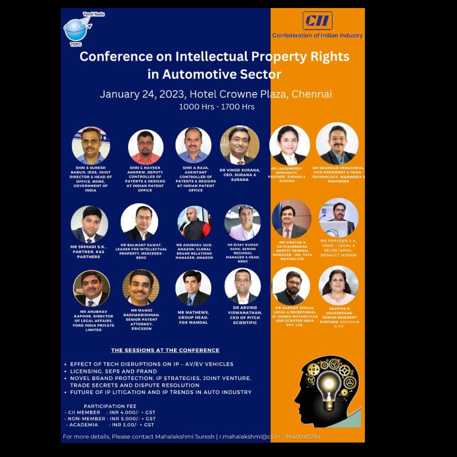 PitchScientific's tweet photo. We are honored to announce that our CEO,Dr.Arvind Viswanathan,have been invited to present at the " Conference & Exposition on Intellectual Property Rights in Auto & Automotive Sector" in Chennai on January 24,2023.
#intellectualpropertyrights #patentknowledge #conference2023 https://t.co/yqsknsLja3