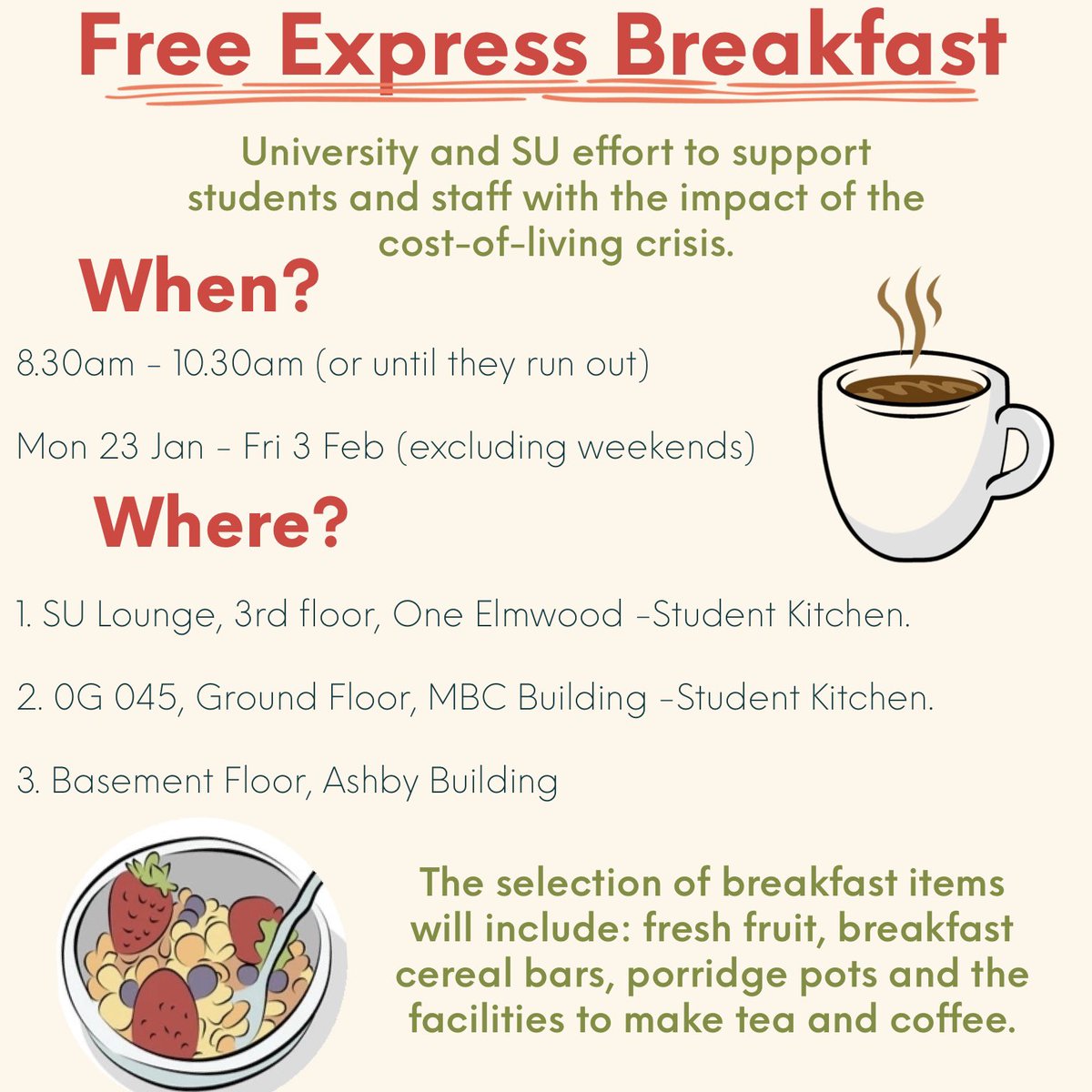 QUB are supporting staff and students with FREE BREAKFAST to help reduce the impact of the #CostOfLivingCrisis. Many thanks to @QueensSU_ , see details below❤️👏🏻 #LoveQUB @QUBSONM @NFM1121EBN @QUBWellbeing
