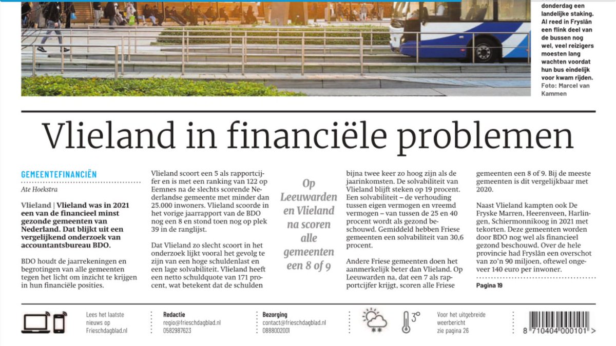 Het Friesch Dagblad kopte op 20 januari “Vlieland in financiële problemen”. Dit zou blijken uit de hoge schulden ten opzichte van de begroting en de verhouding eigen vermogen en vreemd vermogen. Lees hier de reactie van de gemeente Vlieland: vlieland.nl/investeren-in-…