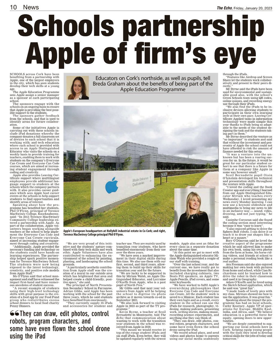 MacswineyCc's tweet photo. Wonderful article featuring Principal O’Flynn on our schools collaboration with Apple on the Everyone Can Create &amp; Everyone Can Code program today . Thanks to our sponsor Neil Canniffe &amp; ADE Miriam Walsh and the teachers who make the program a success 😀👏👏👏👏 @CorkETB https://t.co/ULQr35CGiX