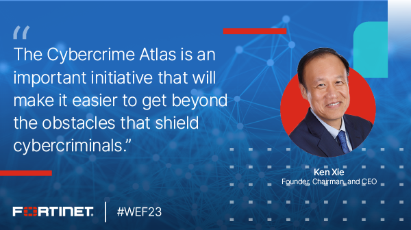 andrez747's tweet photo. .@Fortinet’s Ken Xie shared his perspective on how the Cybercrime Atlas initiative launched at the @wef Annual Meeting 2023 is an important new initiative to disrupt #cybercriminal ecosystems: https://t.co/TfBlD27OtW #WEF23 https://t.co/K2dH3FgQBf