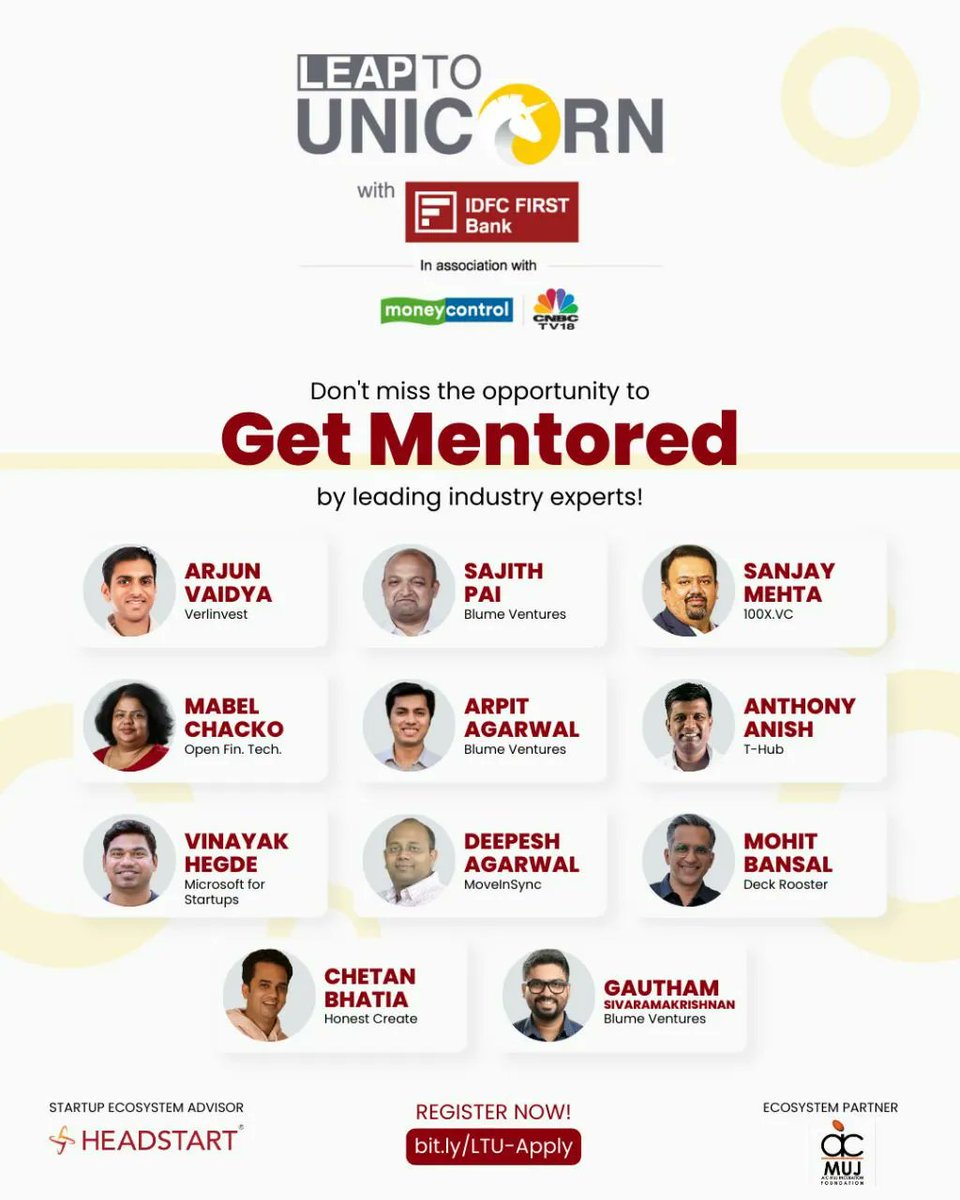 aicmuj's tweet photo. @aicmuj is glad to be an ecosystem partner for this program.
It is a great opportunity for startups to level up in the next 3 months. Leap To Unicorn is a flagship program by IDFC First Bank, in partnership with https://t.co/gTiEOM1jRs &amp; @CNBCTV18Live

https://t.co/wgpTkw9ol8 https://t.co/byzPbMOics