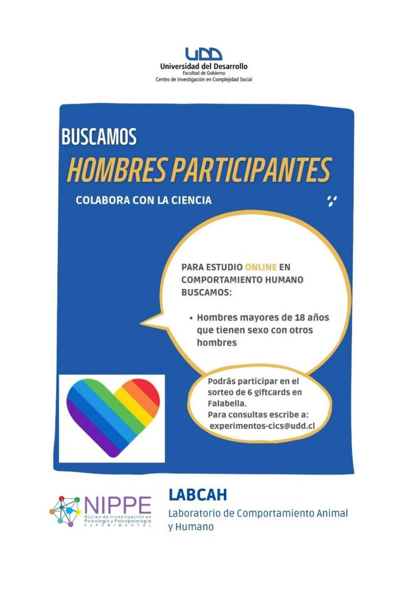 danitobaz's tweet photo. Se buscan participantes de #Chile para estudio: "El impacto de la viruela del mono en la sociosexualidad de hombres que tienen sexo con hombres a partir de la activación del sistema inmunológico conductual".
https://t.co/NS4huWDZus
 #ciencia 

 @CICS_UDD @labcahcics https://t.co/htG5KVi42V