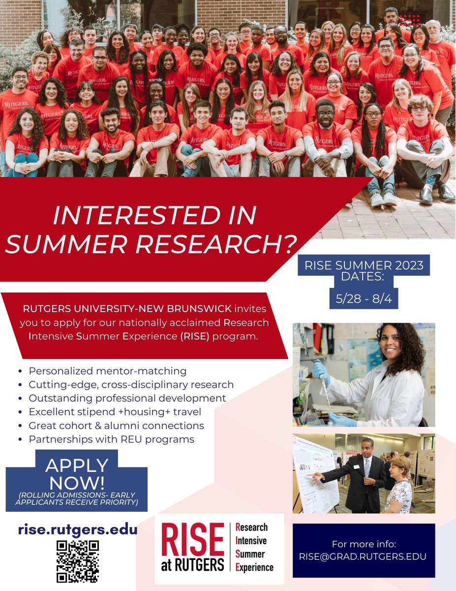Undergrads, are you looking for PAID SUMMER RESEARCH EXPERIENCE in STEM 👩‍💻👩🏻‍🔬🥼 , psych🧠, social sciences📊 , or interdisciplinary fields? Consider applying for <a href="/RISErutgers/">RISE at Rutgers</a>! Apps accepted on a rolling basis starting in January, more info at rise.rutgers.edu