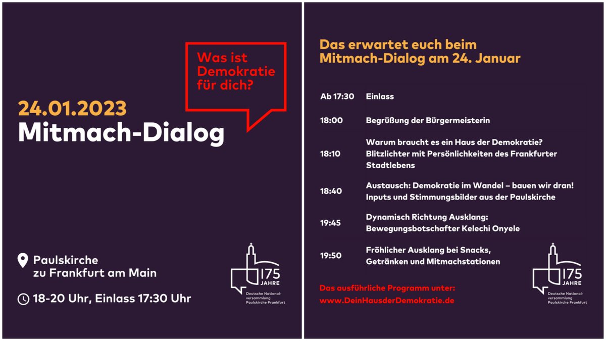 Paulskirche's tweet photo. Kurzer #programmhinweis: Nun können wir verraten, was euch beim Mitmach-Dialog zu #deinhausderdemokratie genau erwartet. ✌🏻

Wenn ihr das nicht verpassen wollt, meldet euch jetzt noch schnell per Mail an protokoll@stadt-Frankfurt.de an! 📧

Mehr dazu 👉🏻 https://t.co/PGKjH4Y3Hz https://t.co/7zfCKkkEdu