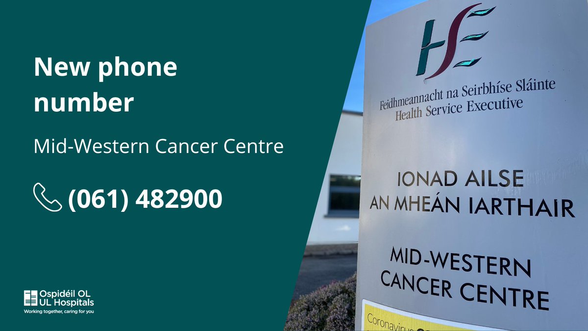 The new phone number for the Mid-Western Cancer Centre at University Hospital Limerick is (061) 482900. Calls will then be redirected ⬇️ 1⃣Day Ward 2⃣Ward 6B 3⃣CNS for unwell patients 4⃣Medical Oncology dept 5⃣Haematology dept'