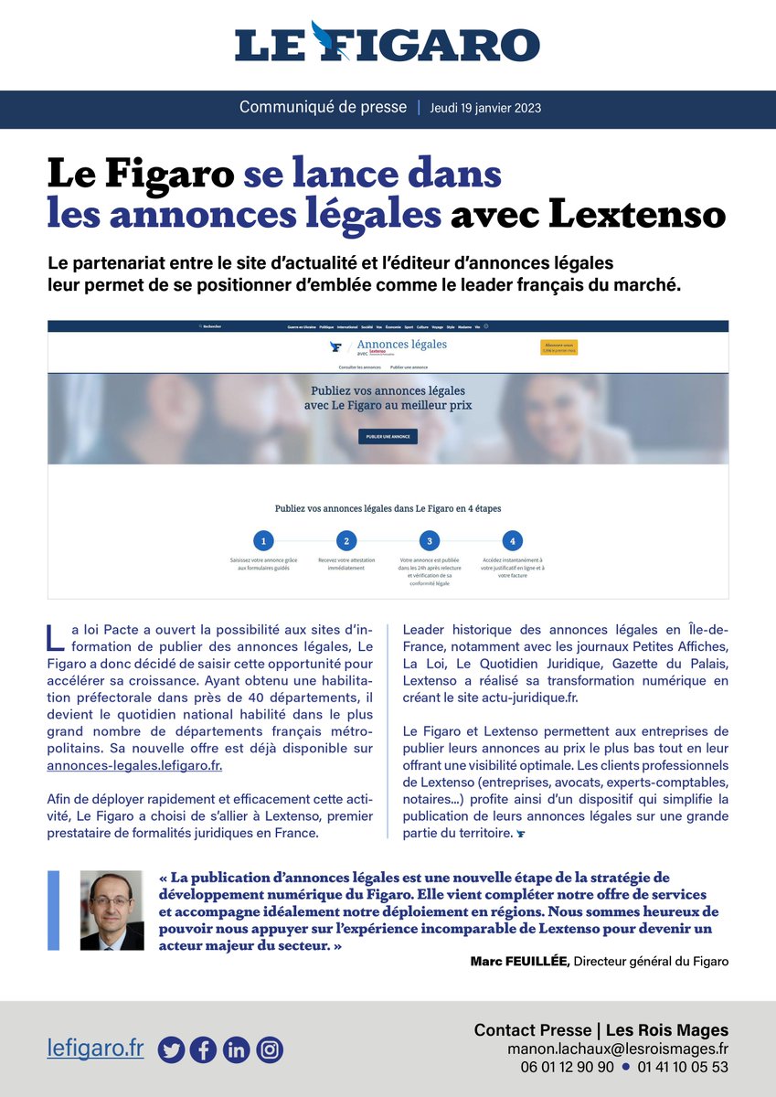 GroupeFigaro's tweet photo. 📢Le Figaro se lance dans les annonces légales avec #Lextenso. Une nouvelle étape dans sa stratégie de développement numérique. @ActuJuridiqueFR @le_figaro #loipacte #annonceslegales #Economie https://t.co/rKoEvy7XDw