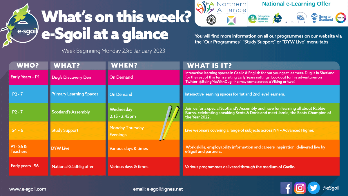 eSgoil's tweet photo. Have a look at what's coming up at e-Sgoil wb 23rd Jan.
Primary schools - look out for a further post with details of a special Scotland's Assembly for Burn's Night.
@EducationScot @parentforumscot @NAllianceScot  
#NeLO https://t.co/s6VqCcwlDp