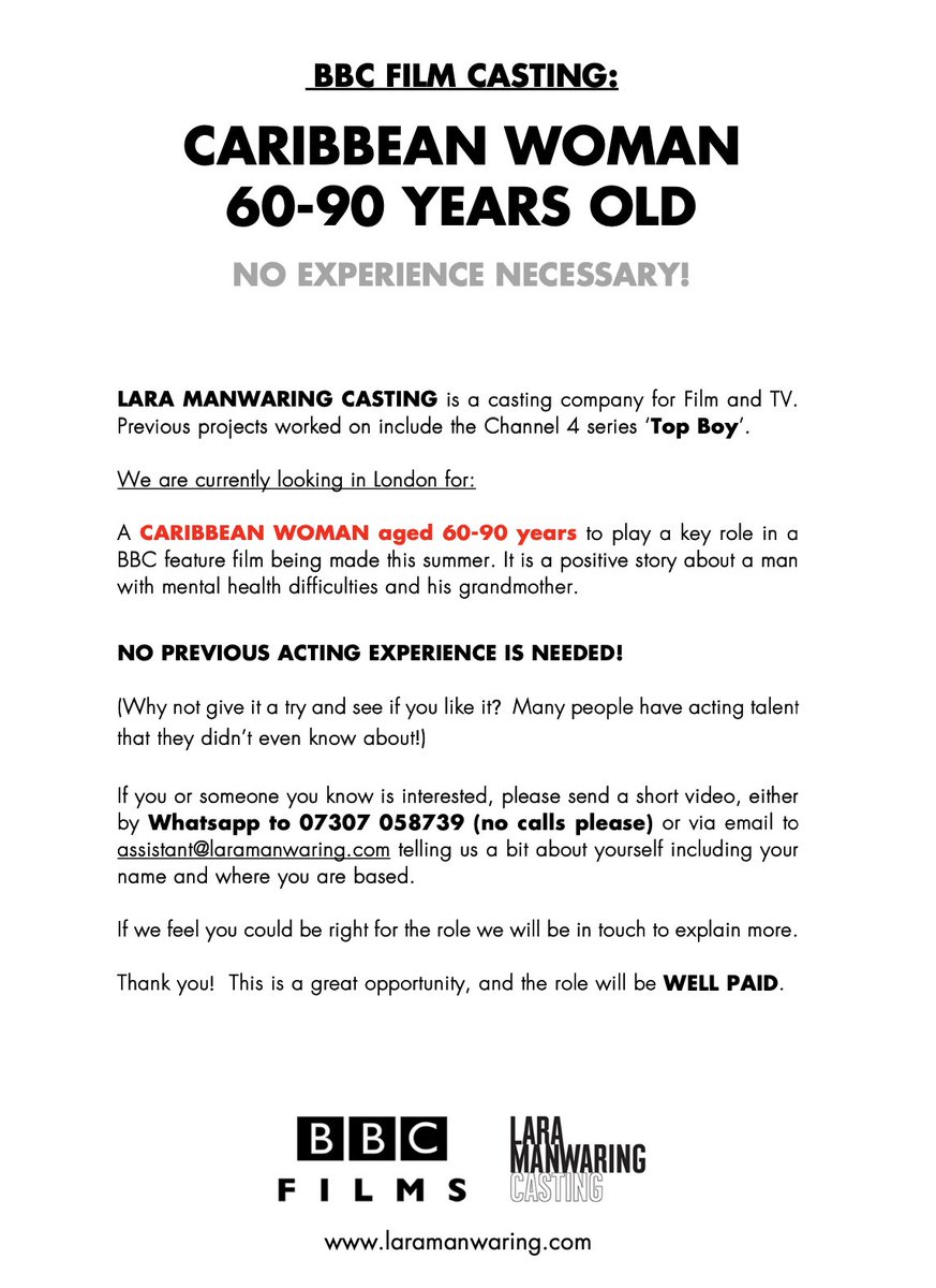 FEATURE FILM CASTING!  We are looking for a 60 - 90 year old Caribbean lady to play a key role in a BBC Feature film.

All info on flyer below.  Please share 🙏