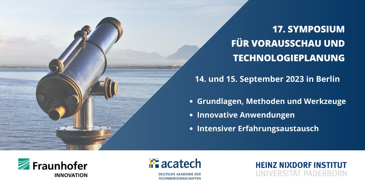 Advanced Systems Engineering (@fachgruppe_ase) on Twitter photo 📣 Für das 17. Symposium für Vorausschau und Technologieplanung läuft der Call for Papers seit Dezember.
Gemeinsam mit <a href="/acatech_de/">acatech</a> und <a href="/fraunhofer_inno/">Fraunhofer-Verbund Innovationsforschung</a> freuen wir uns weiterhin auf spannende Beiträge!
Weitere Infos unter: hni.uni-paderborn.de/svt/startseite/
<a href="/RomanDumitrescu/">Roman Dumitrescu</a> @khoelzle 📣 Für das 17. Symposium für Vorausschau und Technologieplanung läuft der Call for Papers seit Dezember.
Gemeinsam mit <a href="/acatech_de/">acatech</a> und <a href="/fraunhofer_inno/">Fraunhofer-Verbund Innovationsforschung</a> freuen wir uns weiterhin auf spannende Beiträge!
Weitere Infos unter: hni.uni-paderborn.de/svt/startseite/
<a href="/RomanDumitrescu/">Roman Dumitrescu</a> @khoelzle