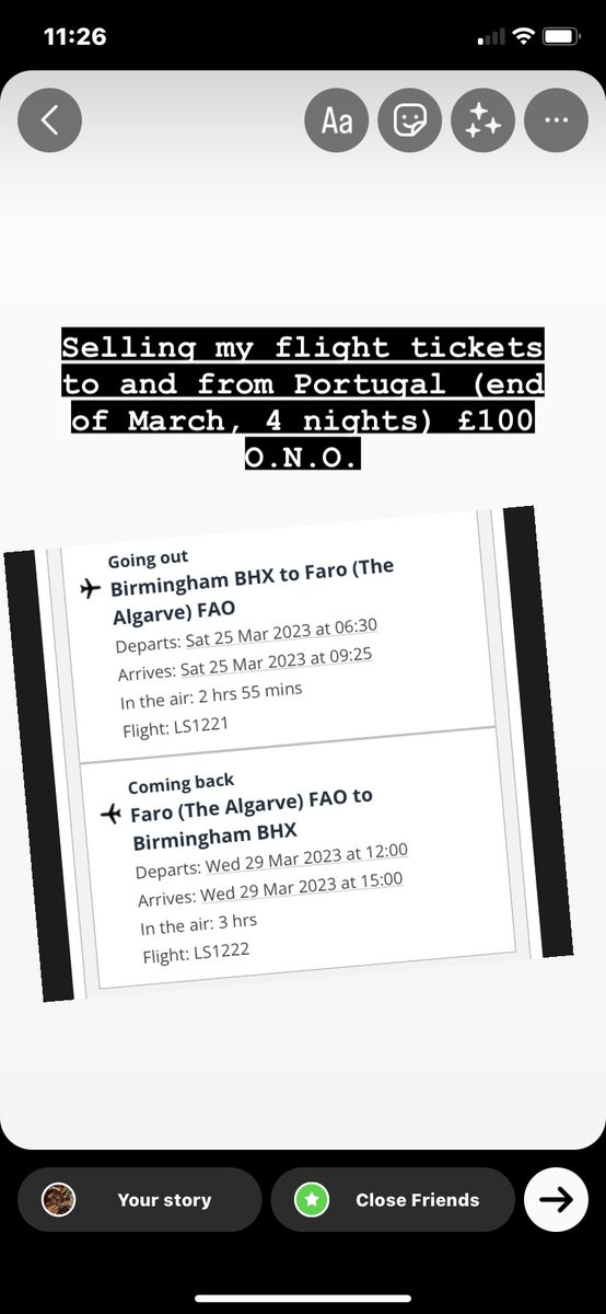 Selling my flight tickets to Portugal (4 nights / end of March) £100 ONO :) message or reply if interested