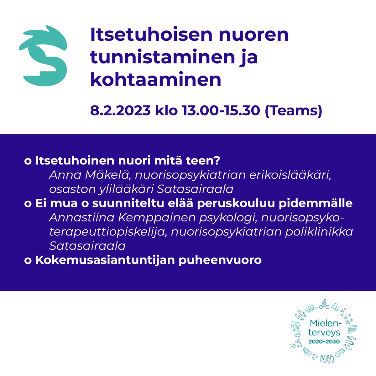 Itsetuhoisen nuoren tunnistaminen ja kohtaaminen -koulutus.

Koulutusilmoitus ja lisätiedot: bit.ly/3J4oA00

#mielenterveysstrategia