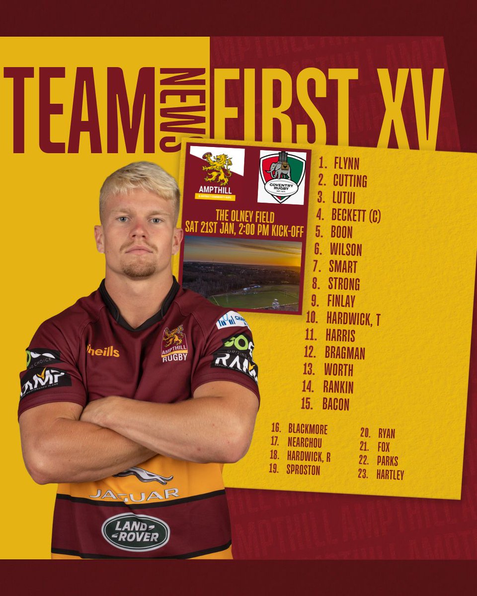 𝟙𝕤𝕥 𝕏𝕍 𝕋𝕖𝕒𝕞 ℕ𝕖𝕨𝕤

Head Coach Paul Turner has named his team for the first home fixture of 2023! 

🏟️ The Olney Field 
🏆 <a href="/Champrugby/">Champ Rugby</a> 
🆚 <a href="/CoventryRugby/">Coventry Rugby</a> 
📅 Sat 21st Jan 
⏰ 2:00pm 
🎟️ ampthillrufc.com/match-tickets/

📰 ampthillrufc.com/match-preview-…