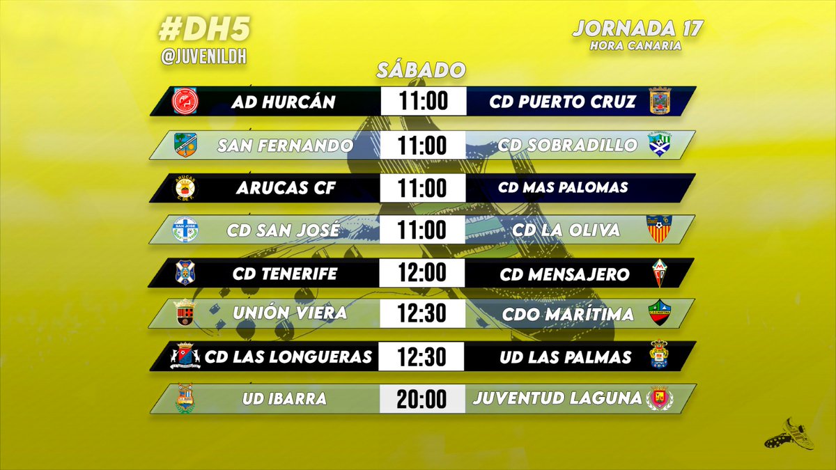 Juvenil División de Honor (@juvenildh) on Twitter photo ⏰ HORARIOS JORNADA 1️⃣7️⃣ #DH6🏆 ⏰
💥 <a href="/UDLP_Cantera/">UD Las Palmas - Cantera</a> 🟡🔵 busca seguir cosechando récords contra <a href="/CDLongueras/">C.D. Las Longueras</a> 🔴🔵
🔝 <a href="/CdtCantera/">CanteraCDT 🏴</a> ⚪🔵 quiere salir de su mala racha contra un <a href="/MensaFiliales/">Mensa Filiales</a> 🔴⚫ al alza
🔥Partidazo entre @CFUNIONVIERA 🔴⚫ y <a href="/CDOMaritima/">Orientación Marítima</a> 🔴⚫
#JuvenilDH👟 ⏰ HORARIOS JORNADA 1️⃣7️⃣ #DH6🏆 ⏰
💥 <a href="/UDLP_Cantera/">UD Las Palmas - Cantera</a> 🟡🔵 busca seguir cosechando récords contra <a href="/CDLongueras/">C.D. Las Longueras</a> 🔴🔵
🔝 <a href="/CdtCantera/">CanteraCDT 🏴</a> ⚪🔵 quiere salir de su mala racha contra un <a href="/MensaFiliales/">Mensa Filiales</a> 🔴⚫ al alza
🔥Partidazo entre @CFUNIONVIERA 🔴⚫ y <a href="/CDOMaritima/">Orientación Marítima</a> 🔴⚫
#JuvenilDH👟