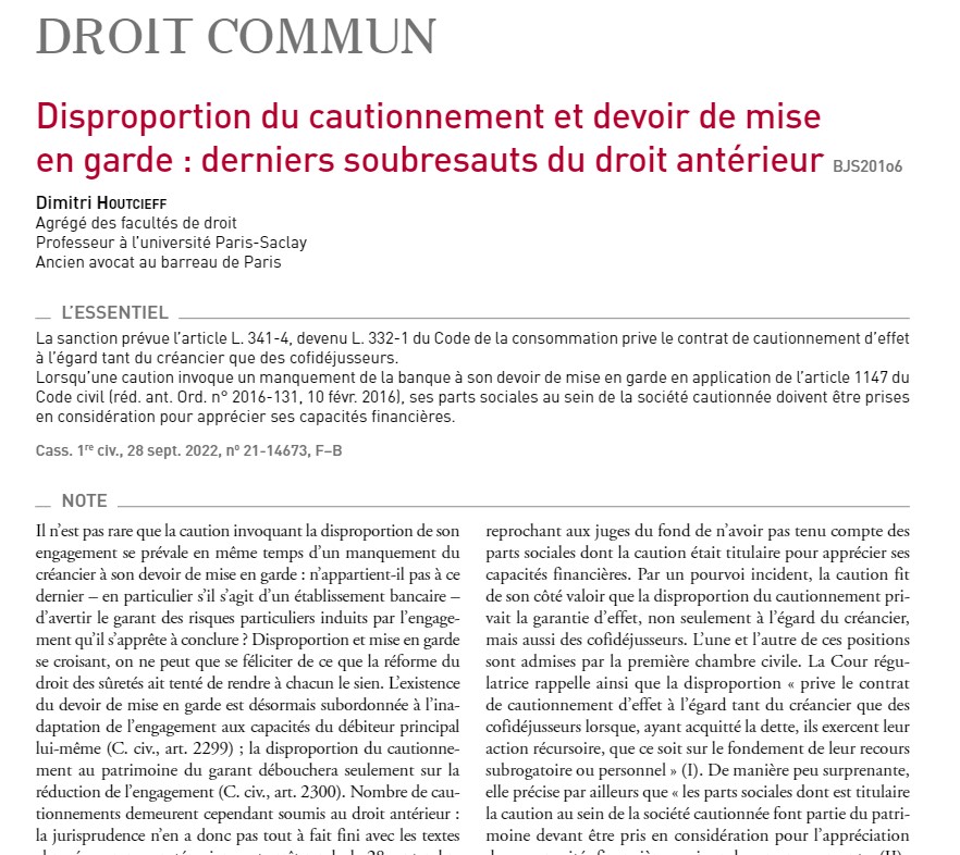 DHoutcieff's tweet photo. Au dernier Bulletin Joly Sociétés, quelques remarques au sujet de Cass. 1re civ., 28 sept. 2022, no 21-14673, F–B #cautionnement  #disproportion #miseEnGarde https://t.co/IAaTVkgRuG