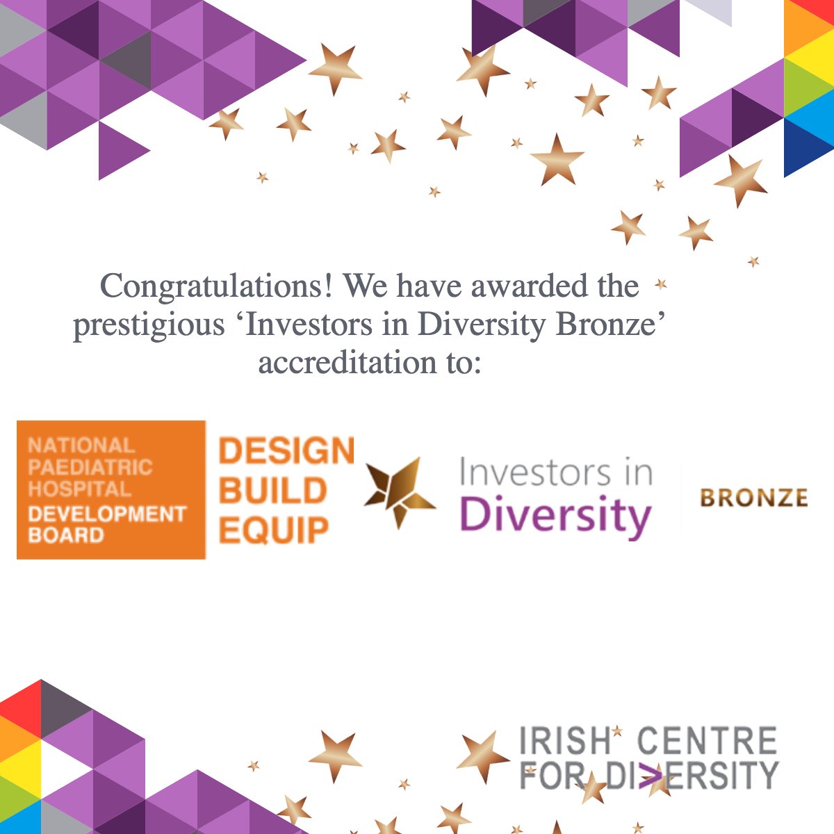 Congrats! @nch_info - appointed to design, build and equip the new children’s hospital - has attained Investors in Diversity Bronze-Ireland’s premier D&I mark. We look forward to sharing their further progress #investorsindiversity #diversityandinclusion #ourchildrenshospital