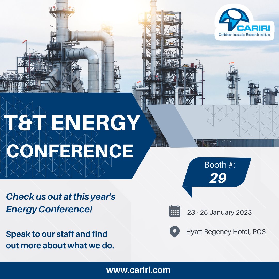 Our CARIRI Team will be at the T&T Energy Conference from Monday to Wednesday! 🙌

Come check out our Booth #29 to learn more about how we can help you! 🫵

#EnergyConference2023 #TrinidadandTobago #EnergyIndustry