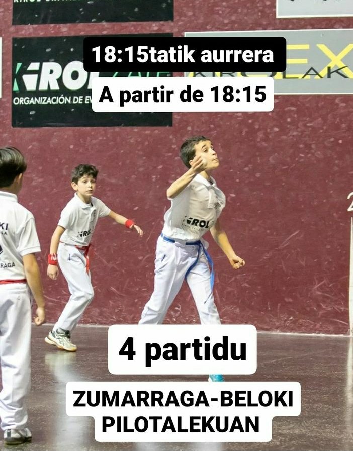 Asteburu honetako lau partiduak
Partidos de este fin de semana en #BelokiPilotalekua

#MarkelGabirondo vs #AitorNuñez

#OierMuñoz vs #MarcoGorjon

#EukenRodriguez y #PabloMendizabal 
Vs
#AgerCamino y #LeoRuizDeGordoa

#Agirre y #VianaI
Vs
#VianaII y #Zuloaga
