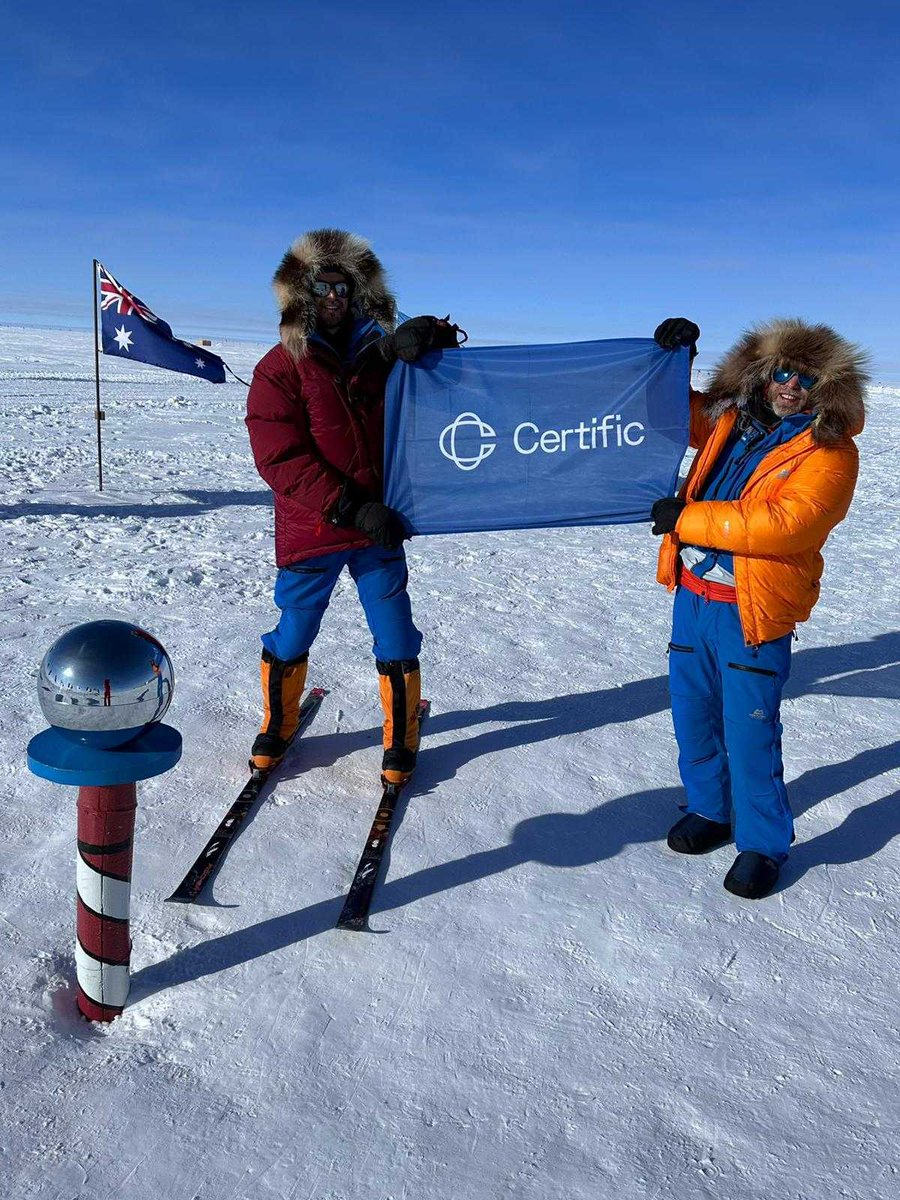 The South Pole meets Certific!📍🇦🇶 For some of our team members, 2023 started in quite extreme conditions. Our crazy co-founders @taavet and @drjackUK feeling pretty happy after being off-grid for 10 days, skiing 111km, temp up to -40. Check out @Antarctic_Inspire_22!