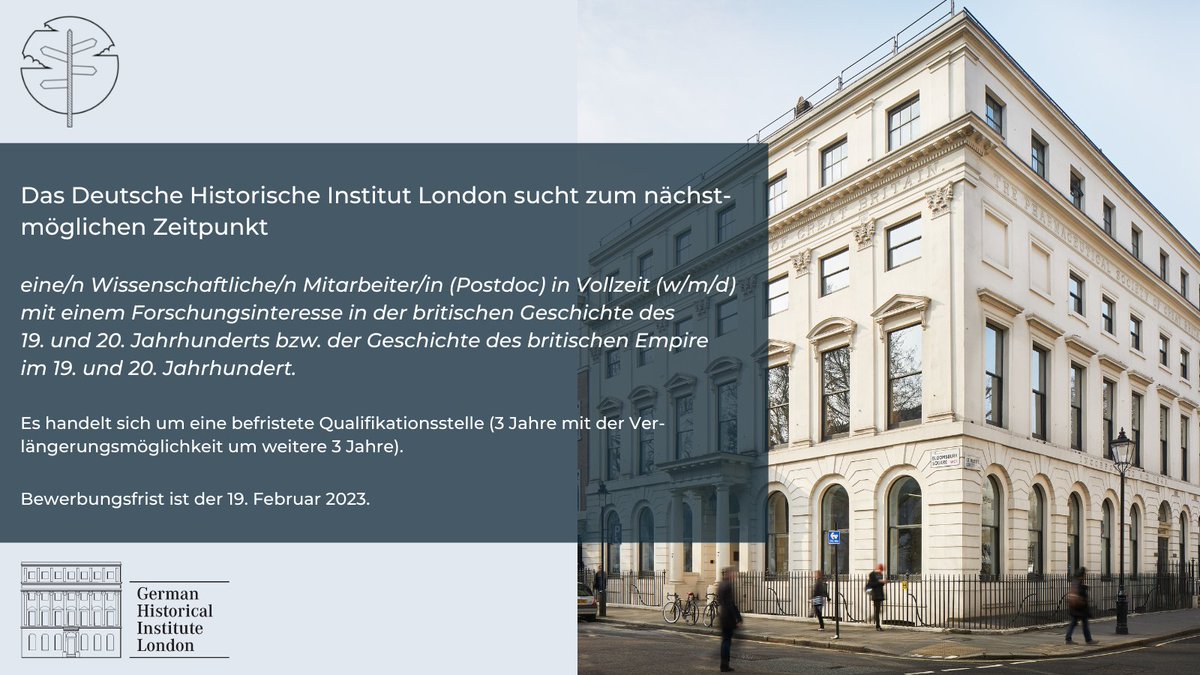 Das DHI London sucht zum nächstmöglichen Zeitpunkt 1 Wissenschaftliche/n Mitarbeiter/in (Postdoc) in Vollzeit (w/m/d) mit einem Forschungsinteresse in der britischen Geschichte des 19. und 20. Jahrhunderts bzw. der Geschichte des britischen Empire im 19. und 20. Jahrhundert.

1/2