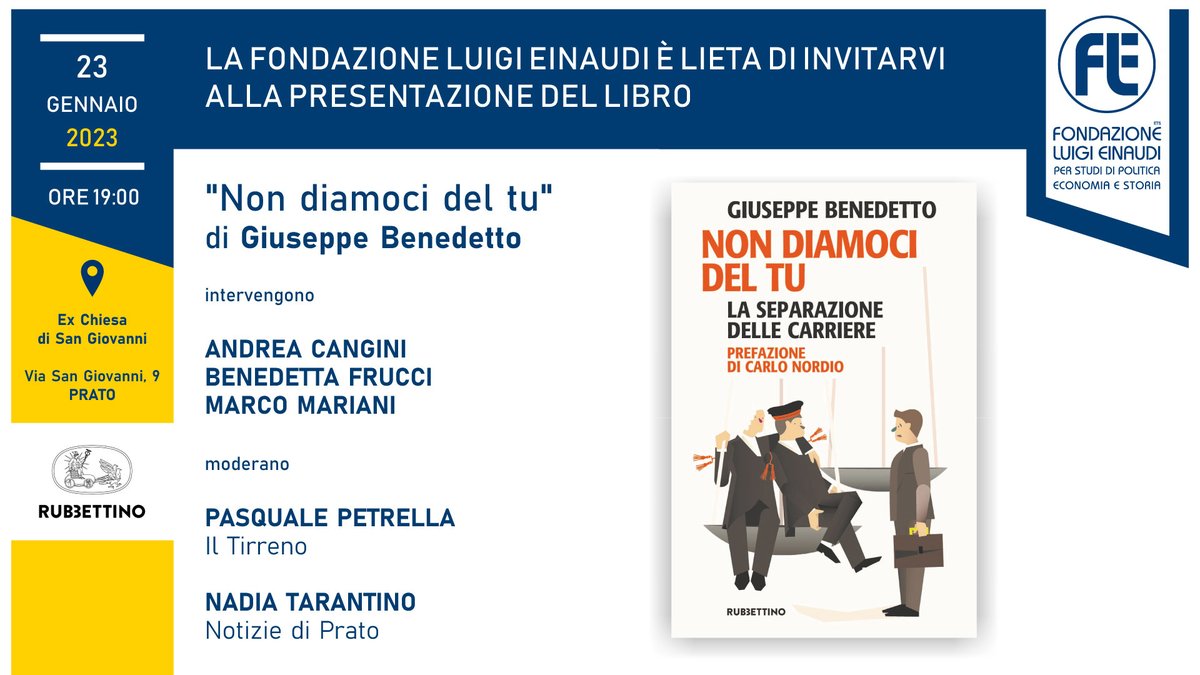 Lunedì 23 gennaio alle ore 19 a Prato si terrà, con <a href="/PratoRiparte/">Prato Riparte</a> e <a href="/targettopoli/">Jonathan Targetti</a>, la presentazione del libro #nondiamocideltu del nostro Presidente <a href="/avvbenedetto/">Giuseppe Benedetto</a>. 
Parteciperanno <a href="/andrea_cangini/">Andrea Cangini</a> <a href="/BenedettaFrucci/">Benedetta Frucci</a> <a href="/MarcoMarianiFLE/">Marco Mariani</a> 

Per acquistarlo 
👇
amzn.to/3LynAA8