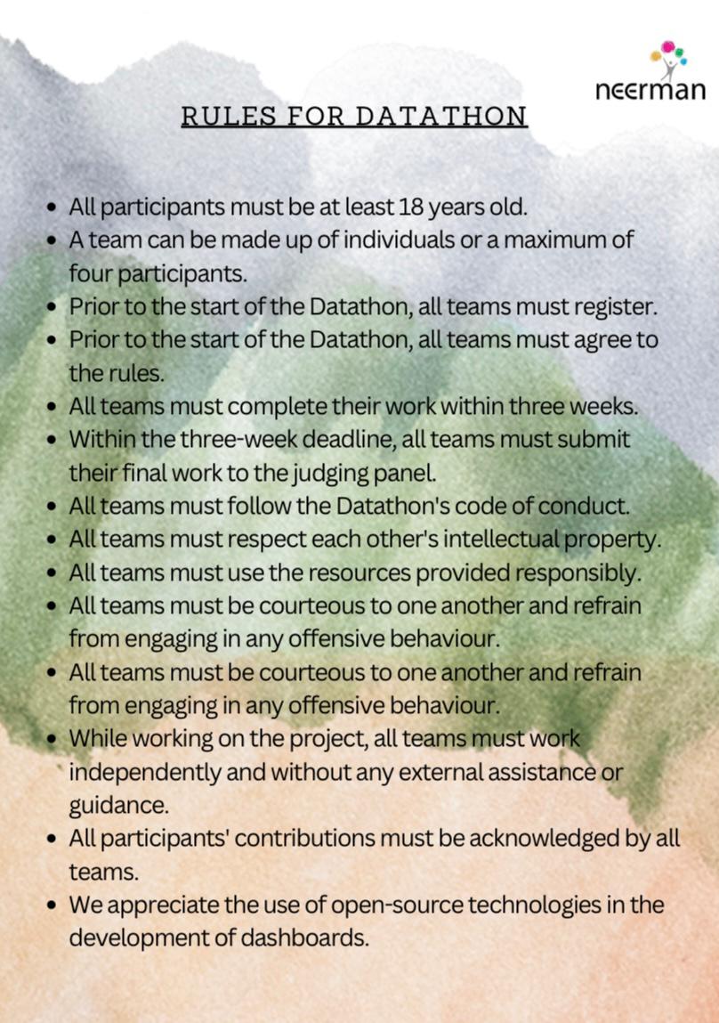 neerman_org's tweet photo. Presenting before you the rules for Datathon. Registrations are still open at -https://t.co/fgVjgg4lDb

#hackathon #dataanalysis #socialresearch #ngos #dashboard #data #dataanalytics #datathon #dashboard #researchanddevelopment #newexperiences https://t.co/rUwIhWdXGc