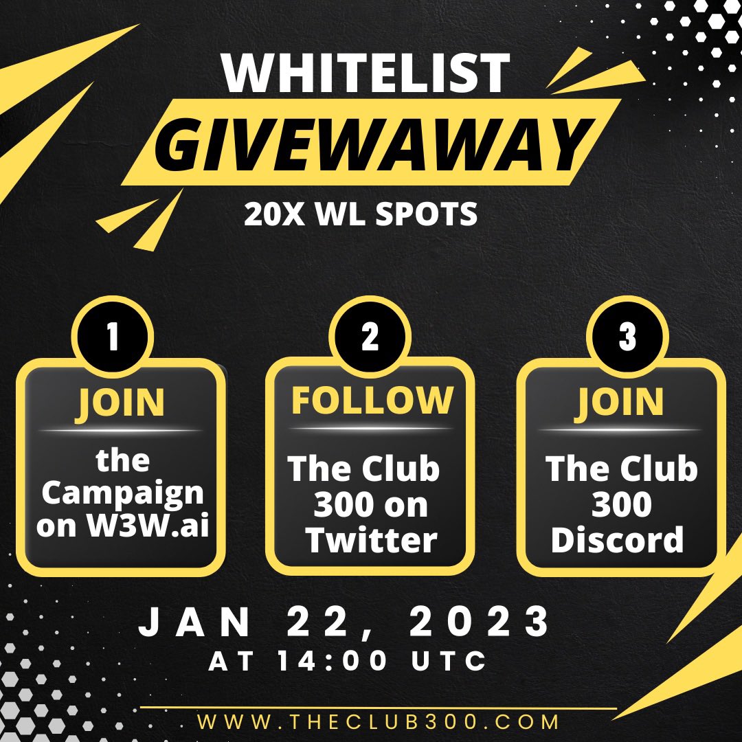 TheClub300's tweet image. ⏰ Reminder: 📲 Whitelist Giveaway 📈

🚨 2 Days left 🚨

🏆 20x WL Spots
 
1️⃣ Join the campaign ⬇️
w3w.ai/main/theclub30…
2️⃣Follow @TheClub300 
3️⃣👇Join Discord &amp;amp; invite👇

discord.gg/XWbBEGBRtF

⏳ Jan 22, by 2pm UTC

The clock is ticking ⏳! Don’t miss your chance ❗️
#NFT