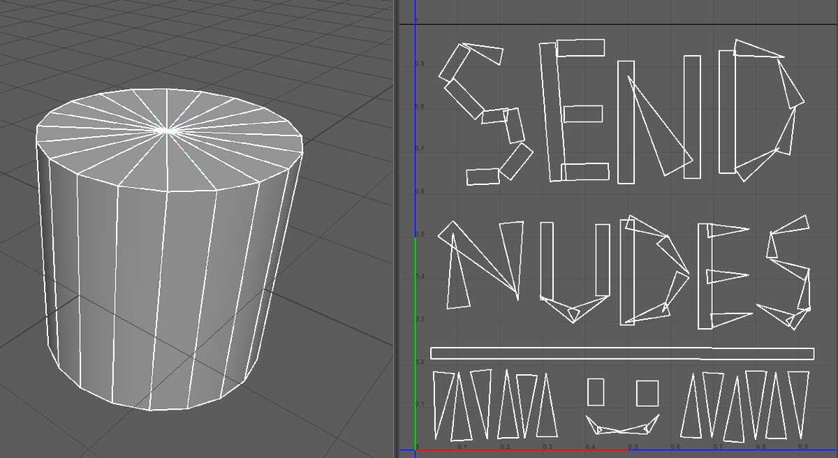 NotSoLittleC's tweet photo. i think ive cracked it. the most optimized way to uv unwrap a cylinder. without question. https://t.co/sQbe27ip3p