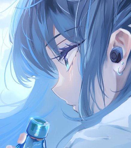 1girl solo earrings jewelry bottle blue hair holding  illustration images