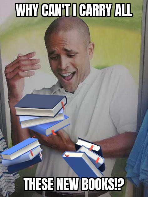 NHSAAALibrary's tweet photo. We've got so many new books at Crosshouse this week, we had to spread them out across the library. If, like our friend in the picture, you'll struggle to carry any you borrow, grab one of our library bags which are hanging on our lovely new self-issue machine.π#NewBookFriday https://t.co/OlBagfV4ut