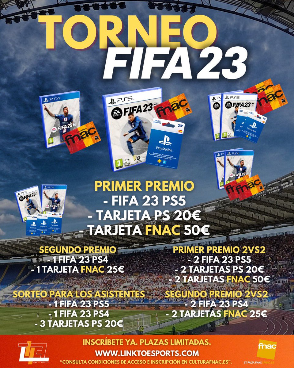🏆1r TORNEO FIFA23 en 2023 🏆

📅 Sábado 28 de Enero
👤 1vs1: de 10:30 - 14:00h
👥 2vs2: de 15:30 - 19:00h
⚽️ Inscripciones 8€
📍Ubicación: FNAC El Triangle
🏆 Premios y Sorteos!

Junto a <a href="/fnac_cat/">Fnac CAT</a> 

👇👇INSCRÍBETE AQUÍ👇👇
linktoesports.com/torneo-fifa-23

#fifa23 #FUT23 #FIFAMobile23