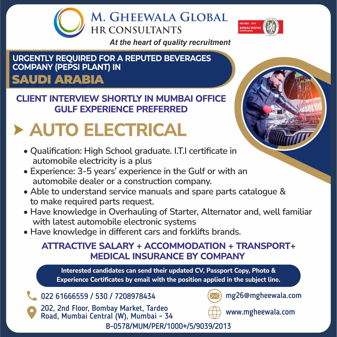 mgheewala_hrc's tweet photo. Job Vacancies for #Saudiarabia

Interested Candidates can send the updated resume to mg26@mgheewala.com

Learn More https://t.co/Ps4bxv2mB1

#electrical #autoelectrical #carelectrician #autoelectrician #automobile #starter #overhaulstarter #alternator #automobile #gulfexperience https://t.co/olVcNGetbg