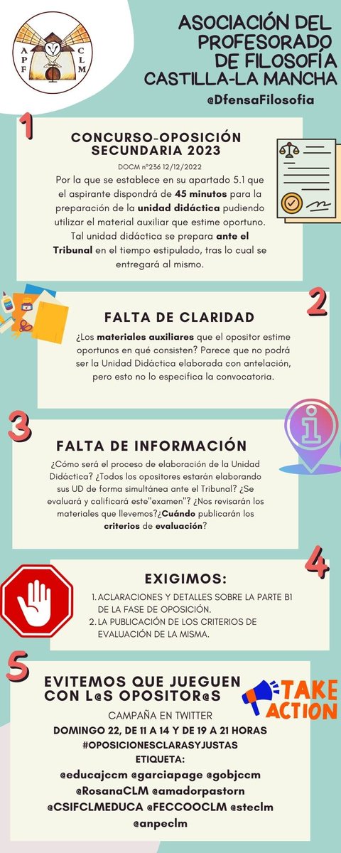 DfensaFilosofia's tweet photo. Campaña para pedir mayor información y denunciar las incoherencias de la parte B del concurso #oposición de #secundaria de CLM @educajccm @garciapage @amadorpastorn @gobjccm @RosanaCLM #oposicionesclarasyjustas
Pedimos colaboración @steclm @anpeclm @FECCOOCLM @CSIFCLMEDUCA https://t.co/U8igRQSt1w