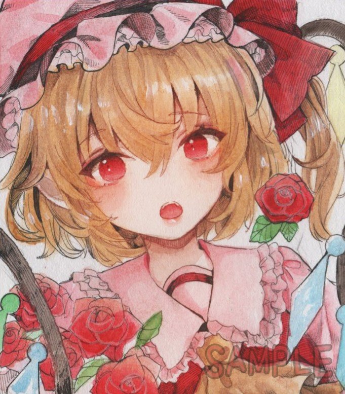 kicchou yachie 1girl solo horns one eye closed blonde hair traditional media red eyes  illustration images
